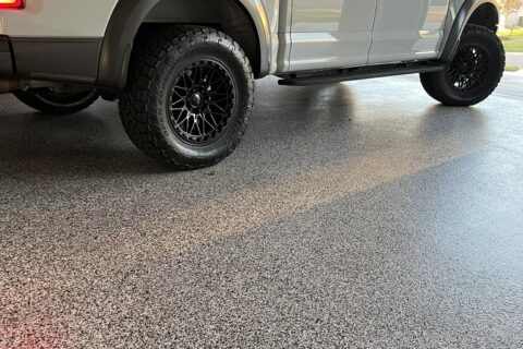 Concrete coating polyurea and flake on a garage floor